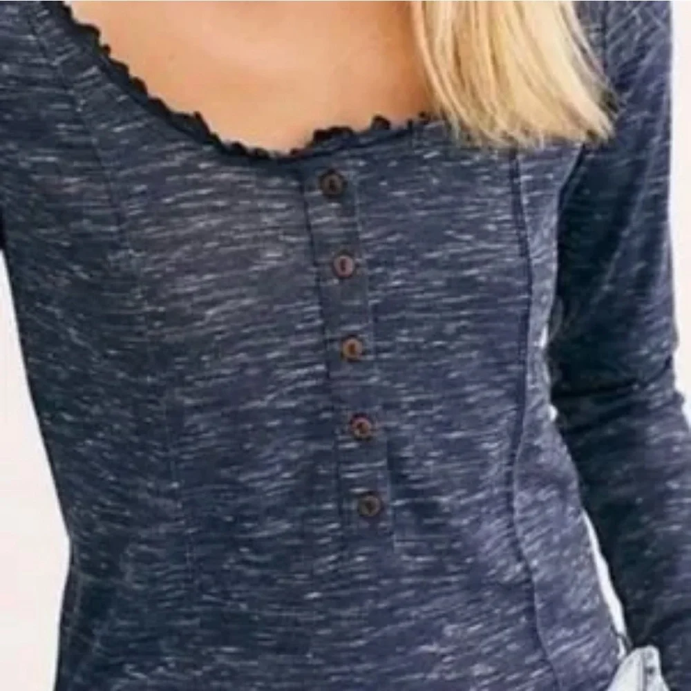 Free People Henley long sleeved top ribbed front and ruffle cuffs and collar XS
